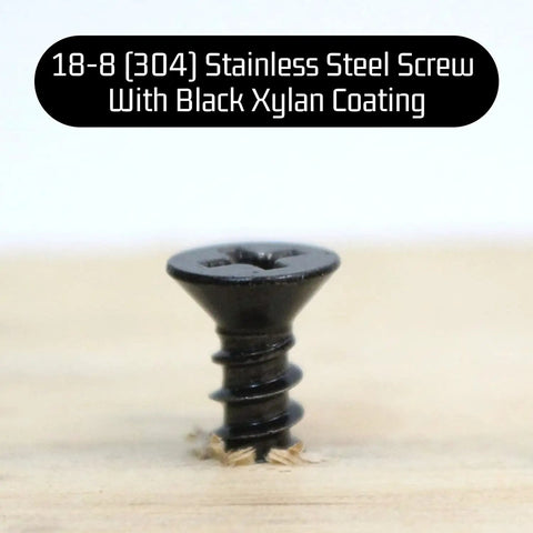 Close-up of Number 8 By 1 1/2 Inch Phillips Flat Wood Screw With Black Xylan Coated Stainless Steel for decking.
