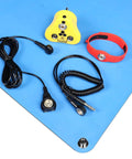4 In 1 ESD Grounding Kit With Anti Static Wrist Strap ESD Plug Screw Stud And 10 Ft Grounding Cord With 2 Banana Jacks For Antistatic Bench Table Floor Mat Ground By Outlet Socket Silicone Wristband displayed on a blue mat