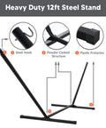 Heavy duty 12ft steel stand for Double Portable Hammock With Stand For Two People, showing steel hook, powder coat, plastic protector.