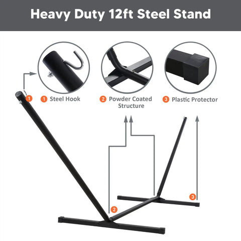 Heavy duty 12ft steel stand for Double Portable Hammock With Stand For Two People, showing steel hook, powder coat, plastic protector.