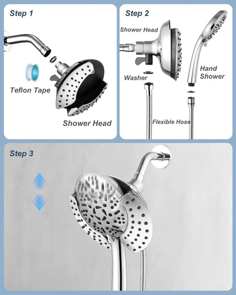 2 In 1 Shower Head System With Overhead Rainfall And Handheld High Pressure 9 Spray Patterns Magnetic Head Hose 59 Inch Chrome