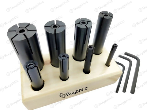 Hand Expanding Arbor Set 8 Piece For Lathes And Milling Machines, Workhorse Pro Grade Precision Tooling displayed in wooden stand.