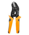 No Sweat Ratcheting Wire Crimper Pliers For 24 To 12 AWG Terminals with orange and black ergonomic grips.