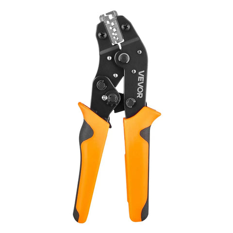 No Sweat Ratcheting Wire Crimper Pliers For 24 To 12 AWG Terminals with orange and black ergonomic grips.