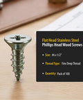 Heavy Duty Size 6 X 1/2 Inch Stainless Steel Flat Head Wood Screws, Slick Phillips Drive For Hassle Free Building, 304 Rust Proof Steel Crafted For Rugged Indoors Or Outdoors Work, Rock Solid Grip In 100 Count Box, close-up view of flat head screw.