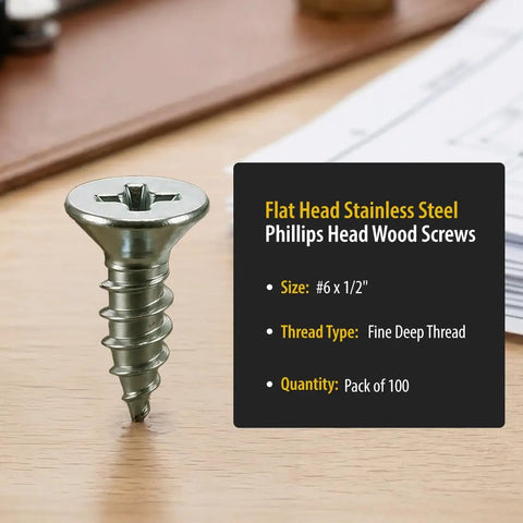 Heavy Duty Size 6 X 1/2 Inch Stainless Steel Flat Head Wood Screws, Slick Phillips Drive For Hassle Free Building, 304 Rust Proof Steel Crafted For Rugged Indoors Or Outdoors Work, Rock Solid Grip In 100 Count Box, close-up view of flat head screw.