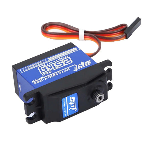 Heavy Duty Digital Servo Motor With 360 Continuous Rotation And Reinforced Metal Gears Dropping 25kg Of Badass Torque, side view.