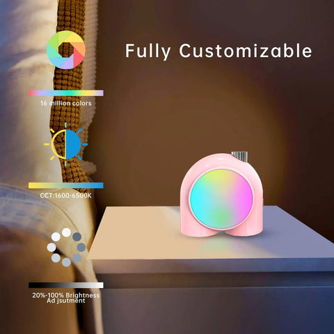 Planet 9 Smart Mood Lamp Battery Operated Cordless RGB LED Night Light on desk showcasing color and brightness options.