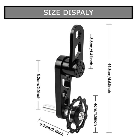 Size display of Single Speed Bike Chain Tensioner And Guide With Derailleur Hanger, Premium Aluminum Alloy Stabilizer in black.