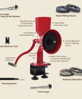 Junior Deluxe Hand Crank Grain Mill for Fresh Flour Grinding Grains Nuts Seeds Spices with Stone and Stainless Burrs BPA Free Grind Fast 1.25 Cups per Minute Durable Red Mill for Home Baking with accessories displayed.