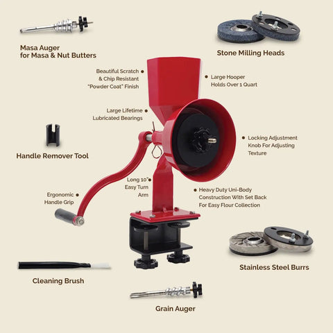 Junior Deluxe Hand Crank Grain Mill for Fresh Flour Grinding Grains Nuts Seeds Spices with Stone and Stainless Burrs BPA Free Grind Fast 1.25 Cups per Minute Durable Red Mill for Home Baking with accessories displayed.