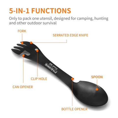 Diagram of 5 In 1 Tactical Spork for Outdoor Adventure Stainless Steel Spoon Fork Knife Can Opener Bottle Opener Combo