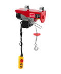 110 Volt Electric Hoist 220lbs Capacity With Remote Control And Wired Operation. Heavy Duty carbon steel design with a hook and remote.