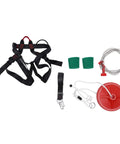 Heavy Duty Zip Line Kit For Backyard Adventure, Choose Length 160 Feet 48 Meters, 300 Lb Capacity, Stainless Steel Cable, Adjustable Seat, Safe Belt, 5 Ft Spring Brake, Non Slip Handle, Durable Trolley And Tensioner components laid out