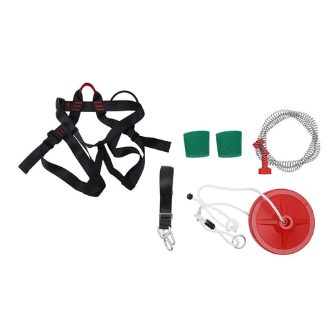 Heavy Duty Zip Line Kit For Backyard Adventure, Choose Length 160 Feet 48 Meters, 300 Lb Capacity, Stainless Steel Cable, Adjustable Seat, Safe Belt, 5 Ft Spring Brake, Non Slip Handle, Durable Trolley And Tensioner components laid out