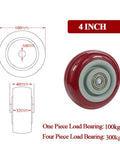 Heavy Duty 4 Pc Wheel Casters Lot With Solid Pvc Treads For Furniture Hauling Industrial Machinery Moving And Heavy Transport Gear 2.5 Inch Wide universal red 4 inch wheel with detailed specs.