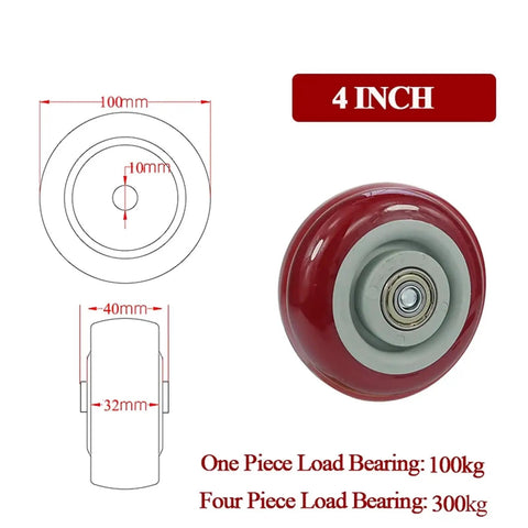 Heavy Duty 4 Pc Wheel Casters Lot With Solid Pvc Treads For Furniture Hauling Industrial Machinery Moving And Heavy Transport Gear 2.5 Inch Wide universal red 4 inch wheel with detailed specs.