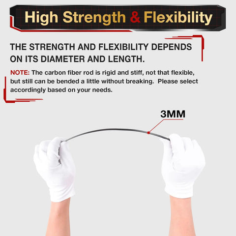 Hands bending a 3mm carbon fiber rod for RC airplanes and DIY crafts demonstrating strength and flexibility under tension.