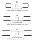 Diagram of Heavy Duty Lifting Straps For Weightlifting With Figure Eight Design Anti Slip Grip showing S, L, XL sizes and wrist circumference.