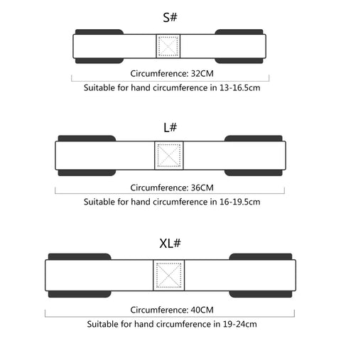 Diagram of Heavy Duty Lifting Straps For Weightlifting With Figure Eight Design Anti Slip Grip showing S, L, XL sizes and wrist circumference.