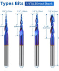 4 Piece Ball Nose Router Bit Set With One Quarter Inch Shank And Three Inch Overall Length Nano Blue Coated Spiral Bits For One Quarter Inch, One Eighth Inch, One Sixteenth Inch, One Thirty Second Inch Cutting Diameters Pro Grade For 2D And 3D Carving