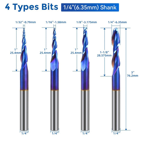 4 Piece Ball Nose Router Bit Set With One Quarter Inch Shank And Three Inch Overall Length Nano Blue Coated Spiral Bits For One Quarter Inch, One Eighth Inch, One Sixteenth Inch, One Thirty Second Inch Cutting Diameters Pro Grade For 2D And 3D Carving