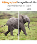 Comparison of 8 Megapixel and 4MP resolution images of an elephant walking in a grassy field.