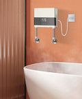 Top Tier Tankless Electric Water Heater With 110V Hot Water Delivery Featuring A Sharp Digital Display And Adjustable Wattage For Kickin Rapid Heating During Kitchen Or Bathroom Use mounted above a bathtub.