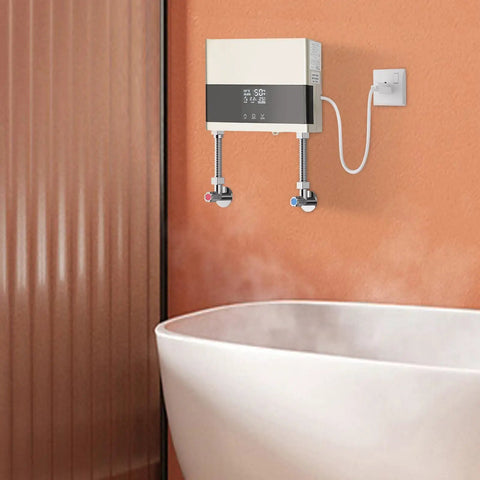 Top Tier Tankless Electric Water Heater With 110V Hot Water Delivery Featuring A Sharp Digital Display And Adjustable Wattage For Kickin Rapid Heating During Kitchen Or Bathroom Use mounted above a bathtub.