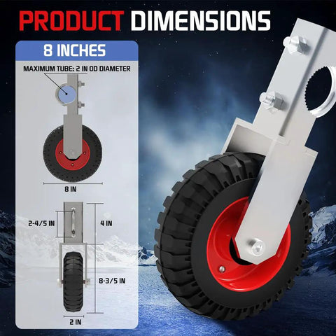 Built Like A Tank 8 Inch Under Mount Gate Wheel For Chain Link Fence with red and black rubber tire dimensions display.