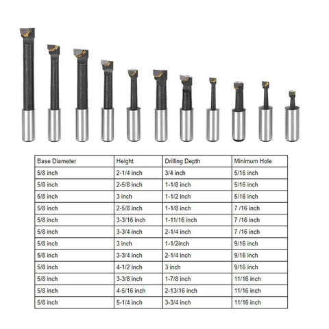Front view of 12-piece F1 5/8-inch boring cutter set for CNC milling; high-speed steel with black heads and silver shanks.