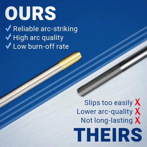 Premium 10 Pack 1/16 Inch 1.5 Lanthanated TIG Welding Tungsten Electrodes WL15 EWLa 1.5 Gold Tip For Beginners To Pros Smooth Arc High Quality Highly Rated., gold-tipped tungsten electrode comparison showing reliable arc striking