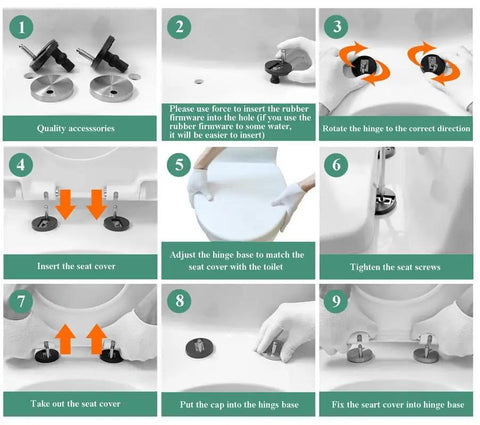 Visual guide for Square White Toilet Seat With Smooth Soft Close And Quick Release Hinges installation steps, showing accessories and adjustments.