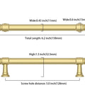 Brushed Gold Cabinet Pulls 5 Inch Zinc Alloy Handles Set of 10 detailed measurements for length, width, and height.