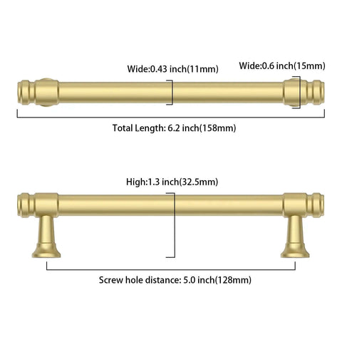 Brushed Gold Cabinet Pulls 5 Inch Zinc Alloy Handles Set of 10 detailed measurements for length, width, and height.