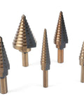 Five-piece Heavy Duty Pro Grade Cobalt Step Drill Bit Set with aluminum case; titanium-coated for metalworking by Yesland.