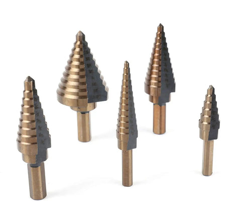 Five-piece Heavy Duty Pro Grade Cobalt Step Drill Bit Set with aluminum case; titanium-coated for metalworking by Yesland.
