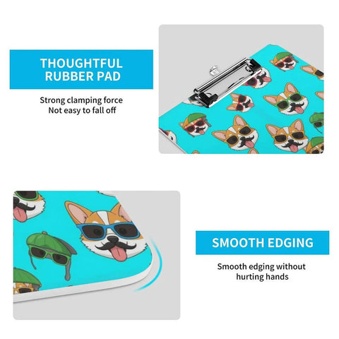 Dope Low Profile Acrylic Clipboard With Adorable Corgi Glasses Print Built For Desk Work Sturdy Writing Surface Fits Standard Letter Or A4 Paper Easy Clip And Smooth Glide For Notes And Sketches, low-profile acrylic clipboard with corgi print and metal clip