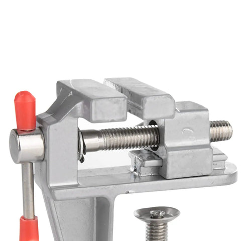 Mini Bench Vise for Jewelry Making and DIY Repairs, Sturdy Metal Clamp With 36mm Opening, shown front view with screw detail.