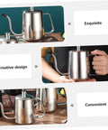 Smooth Pour Long Spout Coffee Kettle With Lid Stainless Steel Tea Pot For Home Office Brewing Gear Non Drip Design, held by a person.