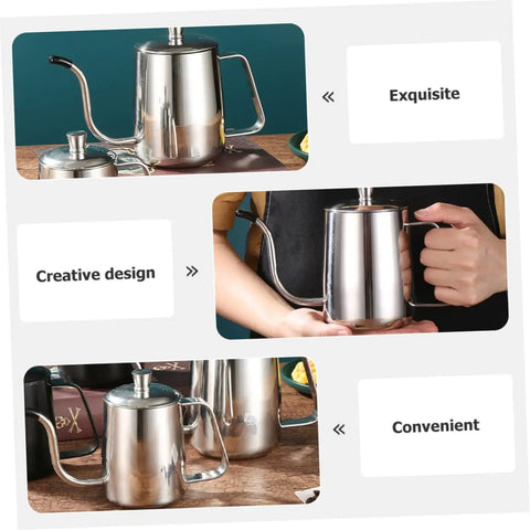 Smooth Pour Long Spout Coffee Kettle With Lid Stainless Steel Tea Pot For Home Office Brewing Gear Non Drip Design, held by a person.