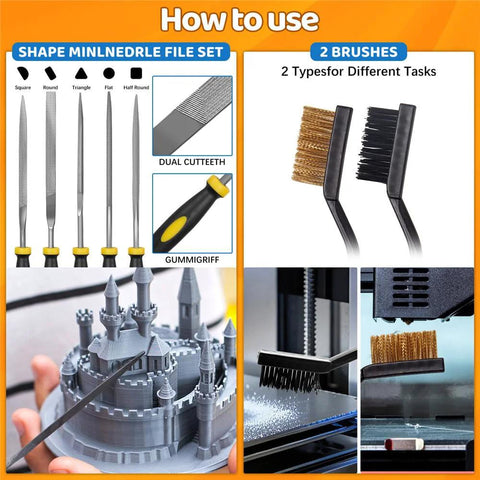 50-piece 3D printer tool kit in case: nozzle cleaner, scraper, deburring tools, files, brushes for FDM/SLA printers