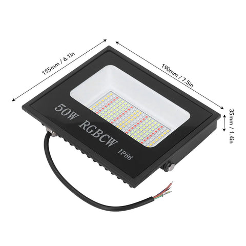 Onythral LED Flood Light 50W RGB Color, detailed view showing dimensions 190mm x 155mm x 35mm, ideal for bright outdoor lighting.