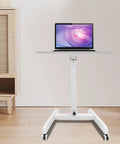 Heavy Duty Rolling Upright Desk With Adjustable Height Gas Lift And Secure Tilting Top Tray For Your Smooth Operator Home Office Or Classroom Workspace, with laptop and white frame.