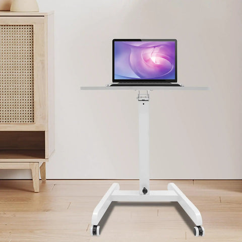 Heavy Duty Rolling Upright Desk With Adjustable Height Gas Lift And Secure Tilting Top Tray For Your Smooth Operator Home Office Or Classroom Workspace, with laptop and white frame.
