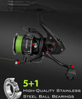 Close-up of Lightweight Spinning Reel With Heavy Duty Carbon Fiber Frame, 5+1 bearings detail, side view with green line.