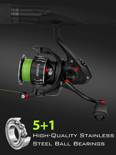 Close-up of Lightweight Spinning Reel With Heavy Duty Carbon Fiber Frame, 5+1 bearings detail, side view with green line.