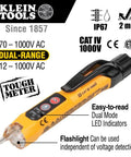 Non-contact voltage tester with dual range feature, flashlight, and easy-to-read LED indicators for quick and safe electrical testing.
