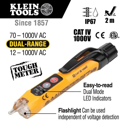 Non-contact voltage tester with dual range feature, flashlight, and easy-to-read LED indicators for quick and safe electrical testing.