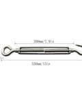 Built Tough 304 Stainless Steel Hook Eye Turnbuckles, M12 Adjustable Wire Rope Tensioners, 330mm length, heavy duty use.